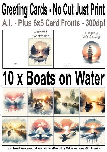 10 No Cut Just Print Birthday Cards with Stunning Watercolour Boats on Water