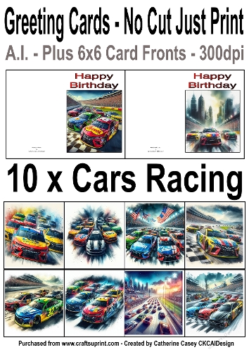 10 No Cut Just Print Birthday Cards with Cars racing on racetracks