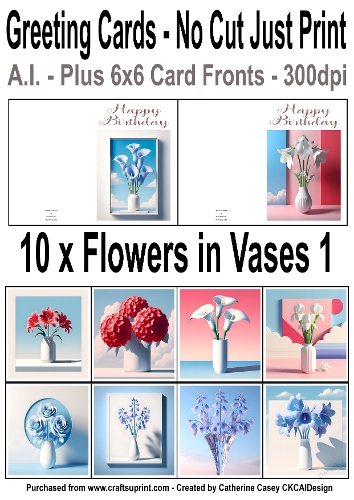 10 No Cut Just Print Birthday Cards with Minimal Flowers in Vases 1