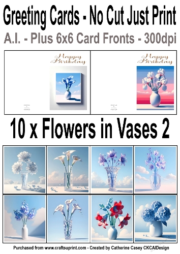 10 No Cut Just Print Birthday Cards with Minimal Flowers in Vases 2