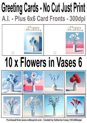 10 No Cut Just Print Birthday Cards with Minimal Flowers in Vases 6