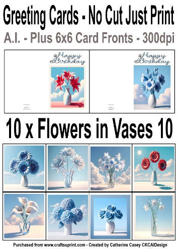 10 No Cut Just Print Birthday Cards with Minimal Flowers in Vases 10