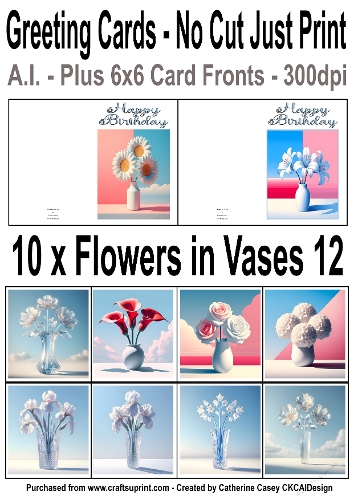 10 No Cut Just Print Birthday Cards with Minimal Flowers in Vases 12