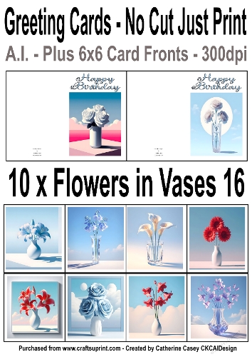 10 No Cut Just Print Birthday Cards with Minimal Flowers in Vases 16
