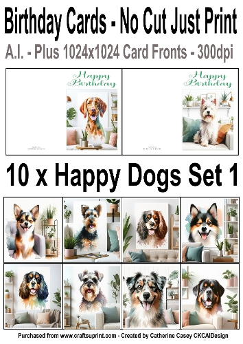 10 No Cut Just Print Cards with Watercolour Happy Dogs Set 1