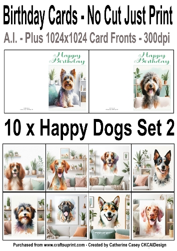 10 No Cut Just Print Cards with Watercolour Happy Dogs Set 2