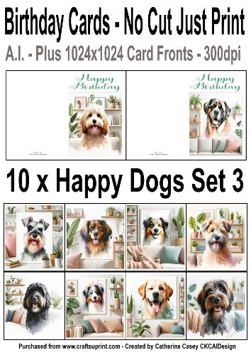 10 No Cut Just Print Cards with Watercolour Happy Dogs Set 3
