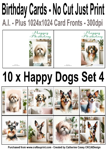 10 No Cut Just Print Cards with Watercolour Happy Dogs Set 4
