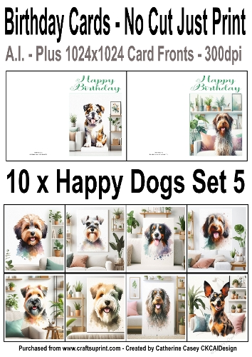 10 No Cut Just Print Cards with Watercolour Happy Dogs Set 5