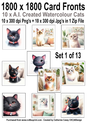 10 6x6 card fronts with Watercolour cats set 1 of 13