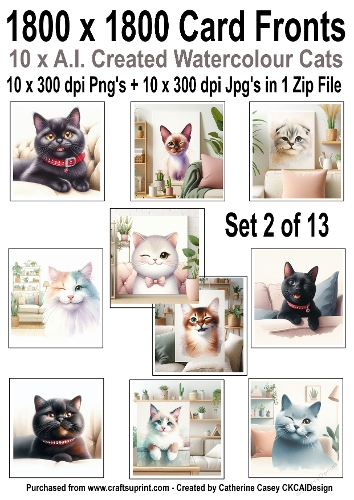 10 6x6 card fronts with Watercolour cats set 2 of 13