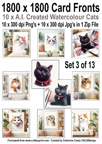 10 6x6 card fronts with Watercolour cats set 3 of 13