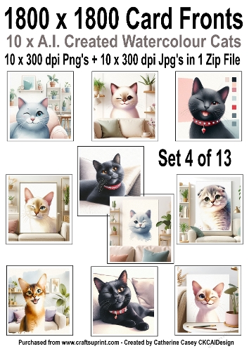 10 6x6 card fronts with Watercolour cats set 4 of 13