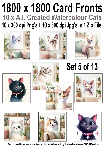 10 6x6 card fronts with Watercolour cats set 5 of 13