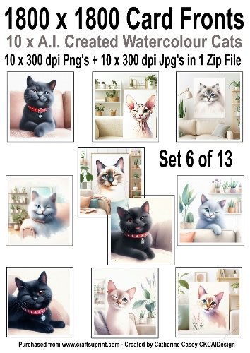10 6x6 card fronts with Watercolour cats set 6 of 13
