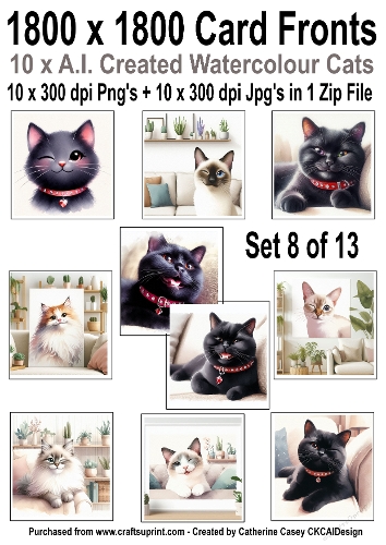 10 6x6 card fronts with Watercolour cats set 8 of 13