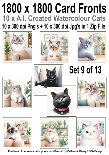 10 6x6 card fronts with Watercolour cats set 9 of 13