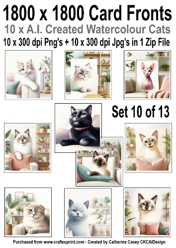 10 6x6 card fronts with Watercolour cats set 10 of 13