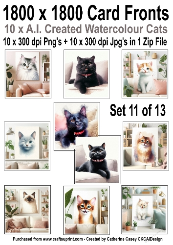 10 6x6 card fronts with Watercolour cats set 11 of 13