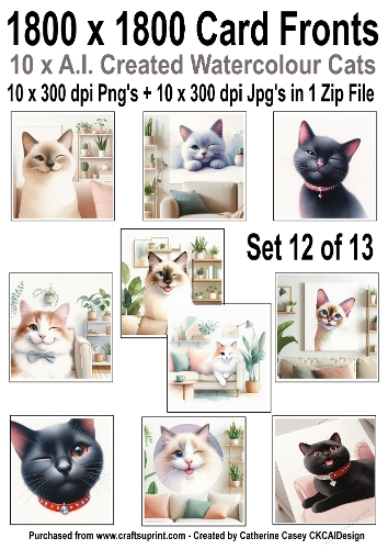 10 6x6 card fronts with Watercolour cats set 12 of 13