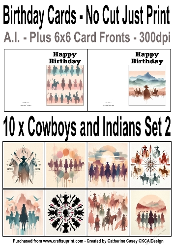 10 No Cut Just Print Cards with scenes of Cowboys and Indians Watercolour Set 2