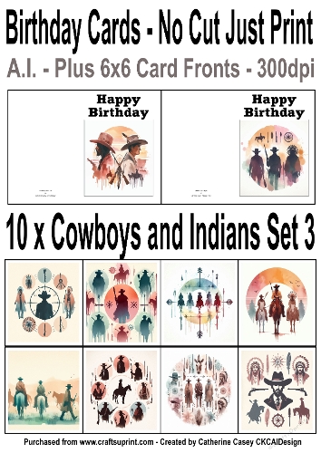 10 No Cut Just Print Cards with scenes of Cowboys and Indians Watercolour Set 3