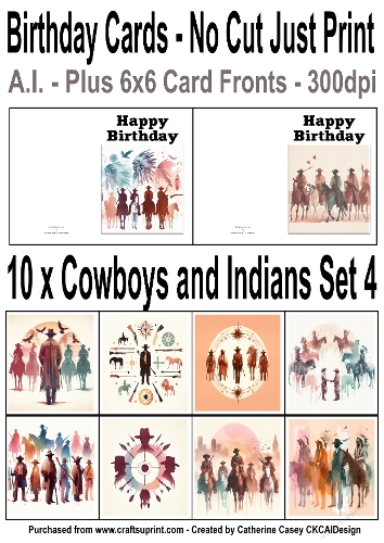 10 No Cut Just Print Cards with scenes of Cowboys and Indians Watercolour Set 4