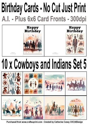 10 No Cut Just Print Cards with scenes of Cowboys and Indians Watercolour Set 5