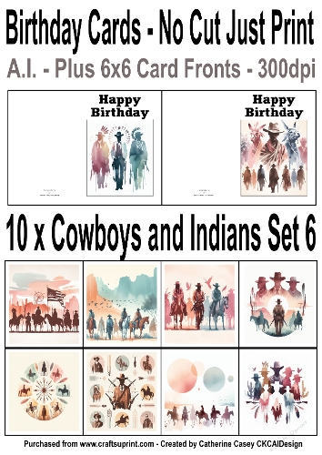 10 No Cut Just Print Cards with scenes of Cowboys and Indians Watercolour Set 6