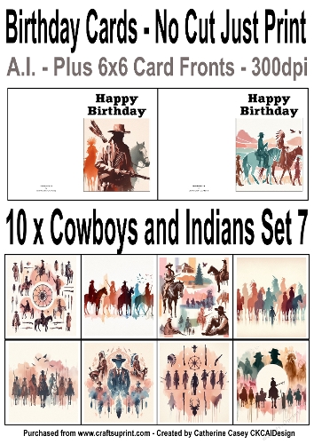 10 No Cut Just Print Cards with scenes of Cowboys and Indians Watercolour Set 7