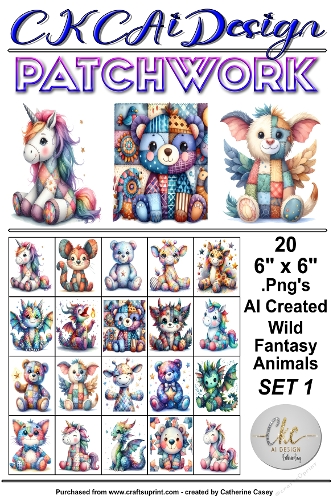 20 Patchwork Toy Wild Animals Fantasy, 6 x 6 Toppers, Card Fronts .Png Set 1