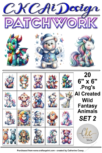 20 Patchwork Toy Wild Animals Fantasy, 6 x 6 Toppers, Card Fronts .Png Set 2