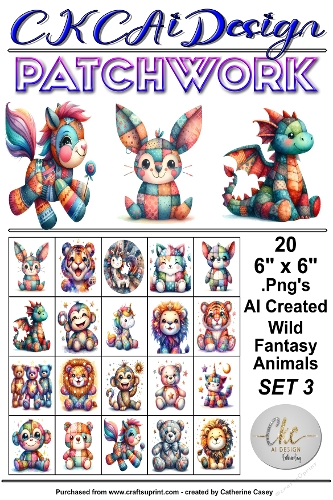 20 Patchwork Toy Wild Animals Fantasy, 6 x 6 Toppers, Card Fronts .Png Set 3