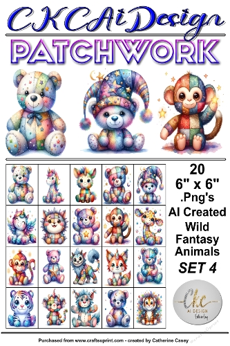 20 Patchwork Toy Wild Animals Fantasy, 6 x 6 Toppers, Card Fronts .Png Set 4