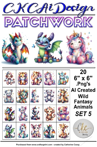 20 Patchwork Toy Wild Animals Fantasy, 6 x 6 Toppers, Card Fronts .Png Set 5