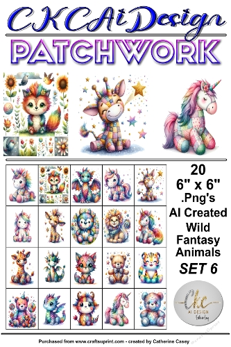 20 Patchwork Toy Wild Animals Fantasy, 6 x 6 Toppers, Card Fronts .Png Set 6