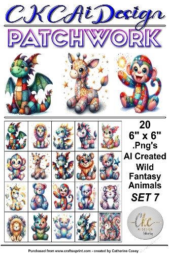20 Patchwork Toy Wild Animals Fantasy, 6 x 6 Toppers, Card Fronts .Png Set 7