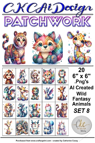 20 Patchwork Toy Wild Animals Fantasy, 6 x 6 Toppers, Card Fronts .Png Set 8