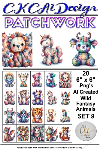 20 Patchwork Toy Wild Animals Fantasy, 6 x 6 Toppers, Card Fronts .Png Set 9