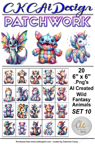20 Patchwork Toy Wild Animals Fantasy, 6 x 6 Toppers, Card Fronts .Png Set 10