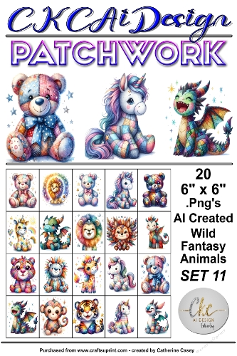 20 Patchwork Toy Wild Animals Fantasy, 6 x 6 Toppers, Card Fronts .Png Set 11