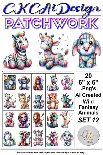 20 Patchwork Toy Wild Animals Fantasy, 6 x 6 Toppers, Card Fronts .Png Set 12