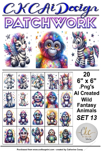 20 Patchwork Toy Wild Animals Fantasy, 6 x 6 Toppers, Card Fronts .Png Set 13