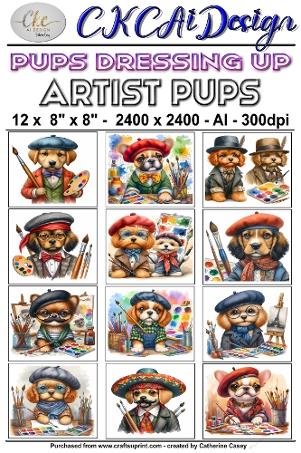 12 - 8×8 Card Fronts Puppies playing Dressup - Artists