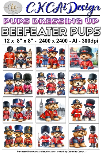 12 - 8×8 Card Fronts Puppies playing Dressup - Beefeaters