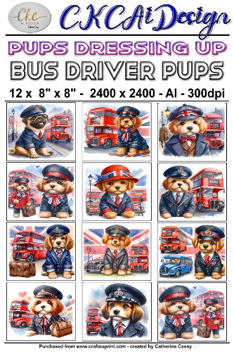 12 - 8×8 Card Fronts Puppies playing Dressup - Bus Drivers
