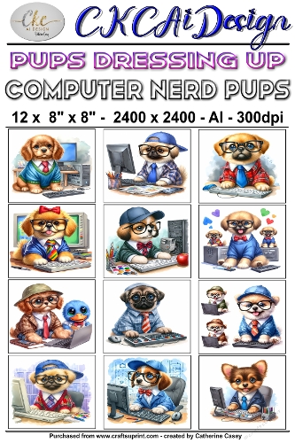12 - 8×8 Card Fronts Puppies playing Dressup - Computer Nerds
