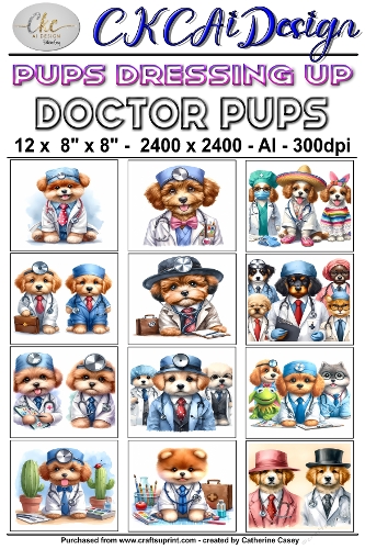12 - 8×8 Card Fronts Puppies playing Dressup - Doctor Pups