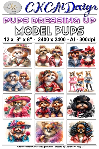 12 - 8×8 Card Fronts Puppies playing Dressup - Female Model Pups