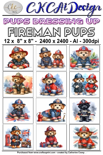 12 - 8×8 Card Fronts Puppies playing Dressup - Fireman Pups